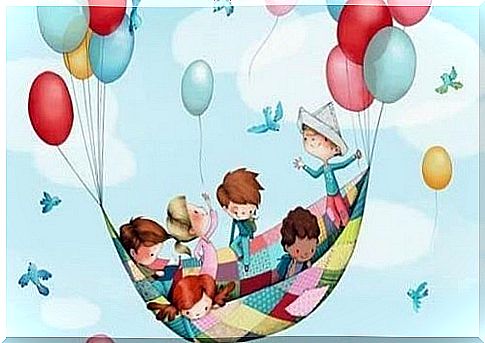 Happy children fly with colorful balloons (illustration).