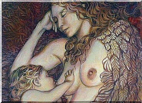 Calming effect of breastfeeding.  Drawing of a newborn taking the breast from its mother.