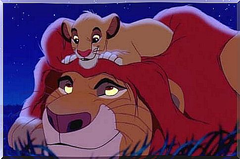 Personaggi re leone simba e mufasa che si guardano.