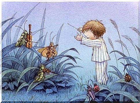 A sleeping child conducts an insect concert.
