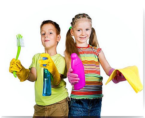 The children help with the cleaning